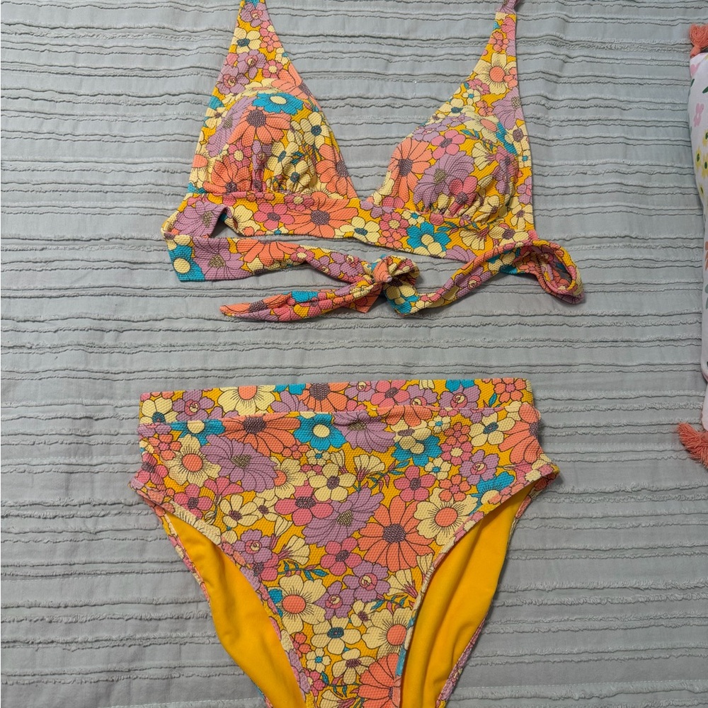 Floral High-Waist Bikini Set in Yellow, Orange, Pink & Blue